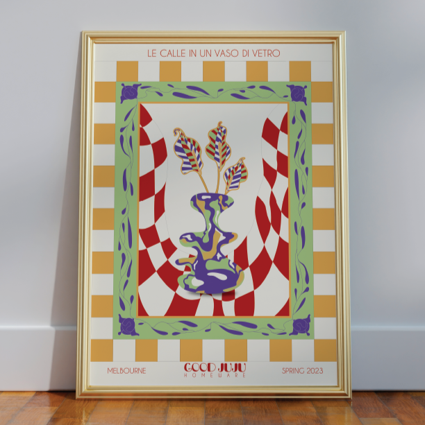 A framed poster featuring the Calla Lillies in a Glass Vase Wall Art in Rome on Good Juju Homewares.