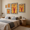 Bedroom with a bed, side tables, and colorful wall art featuring lobsters.