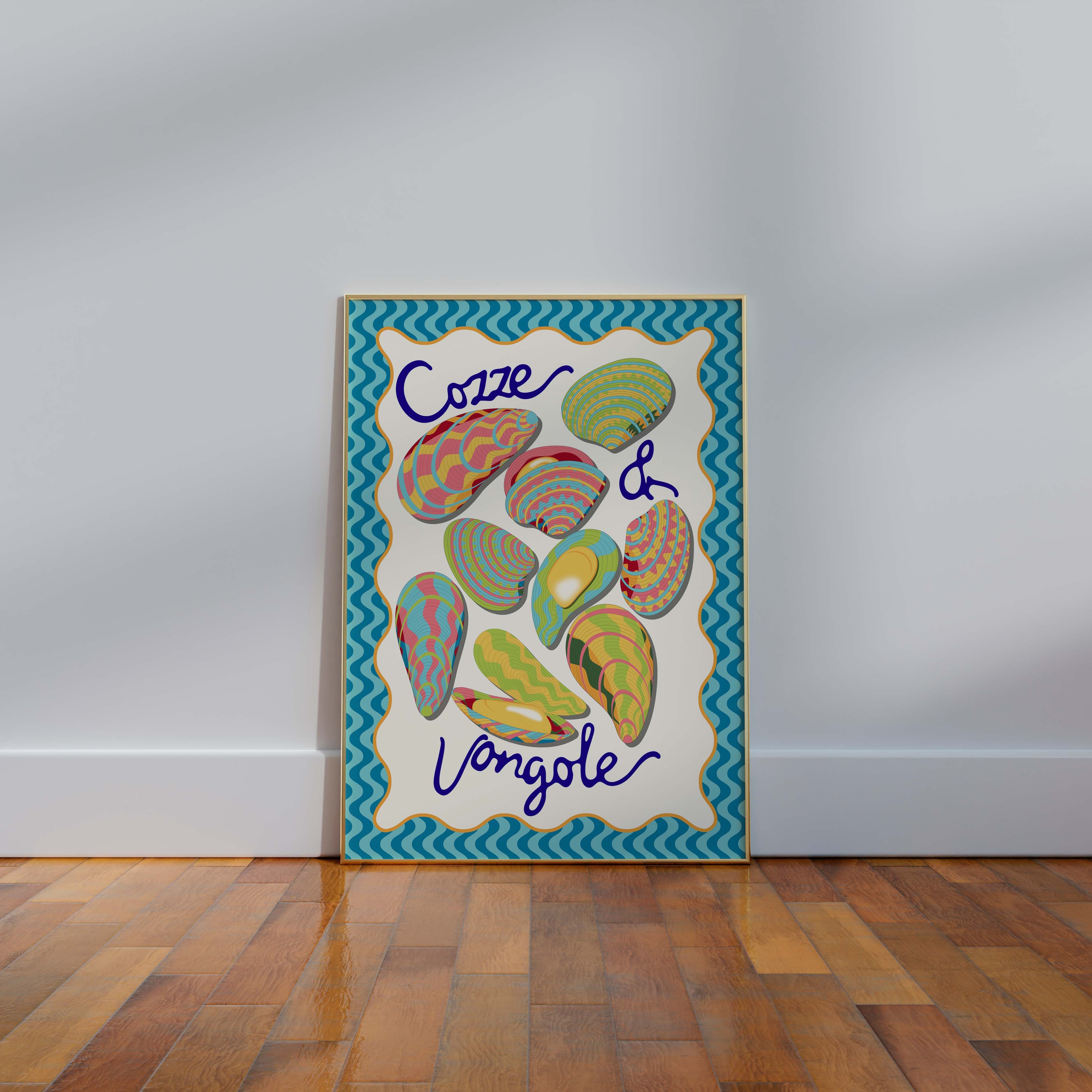 Colorful shell design on a white background with blue text, placed against a white wall.