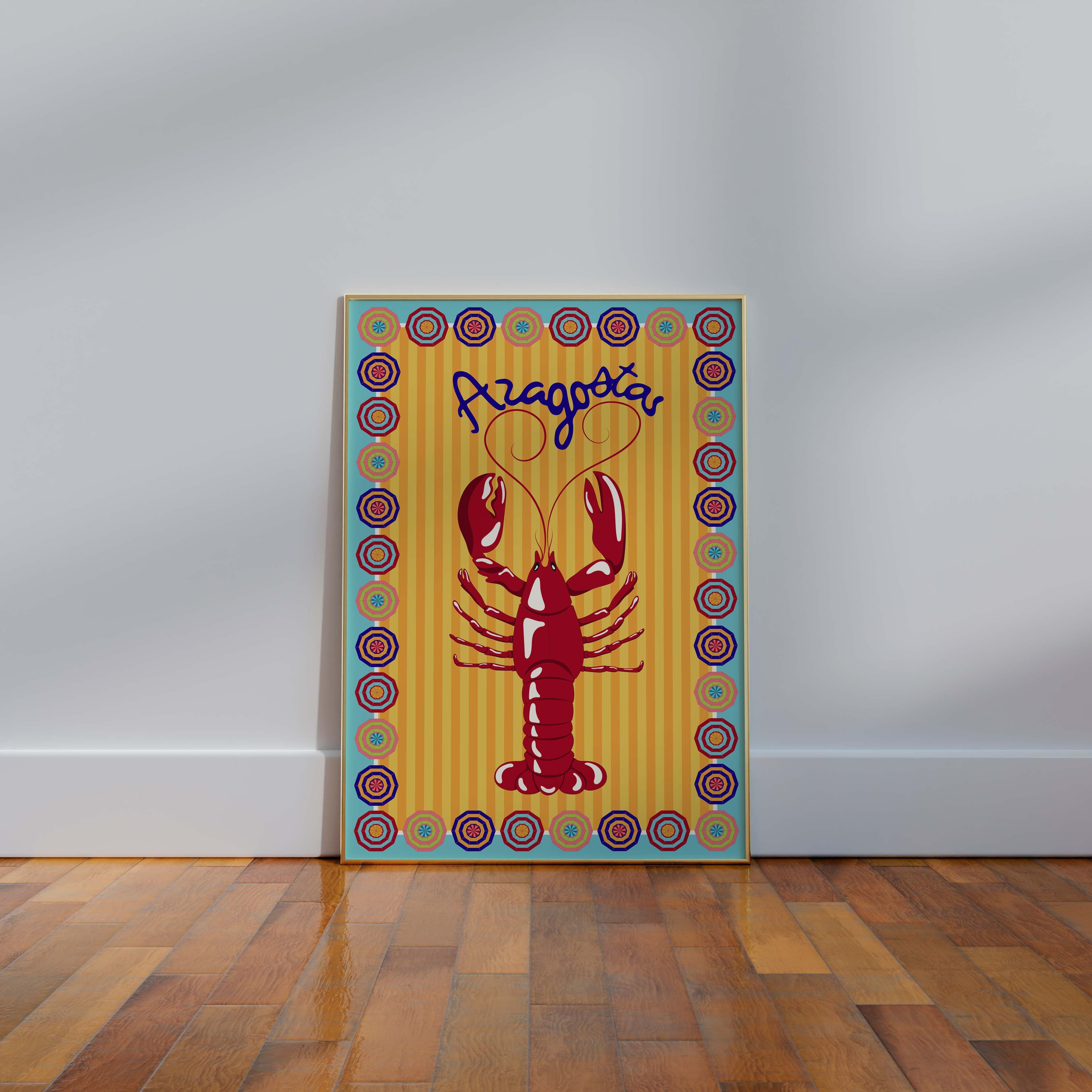 Colorful poster with a red lobster design on a yellow background, featuring the brand 'Papagota', leaning against a white wall.
