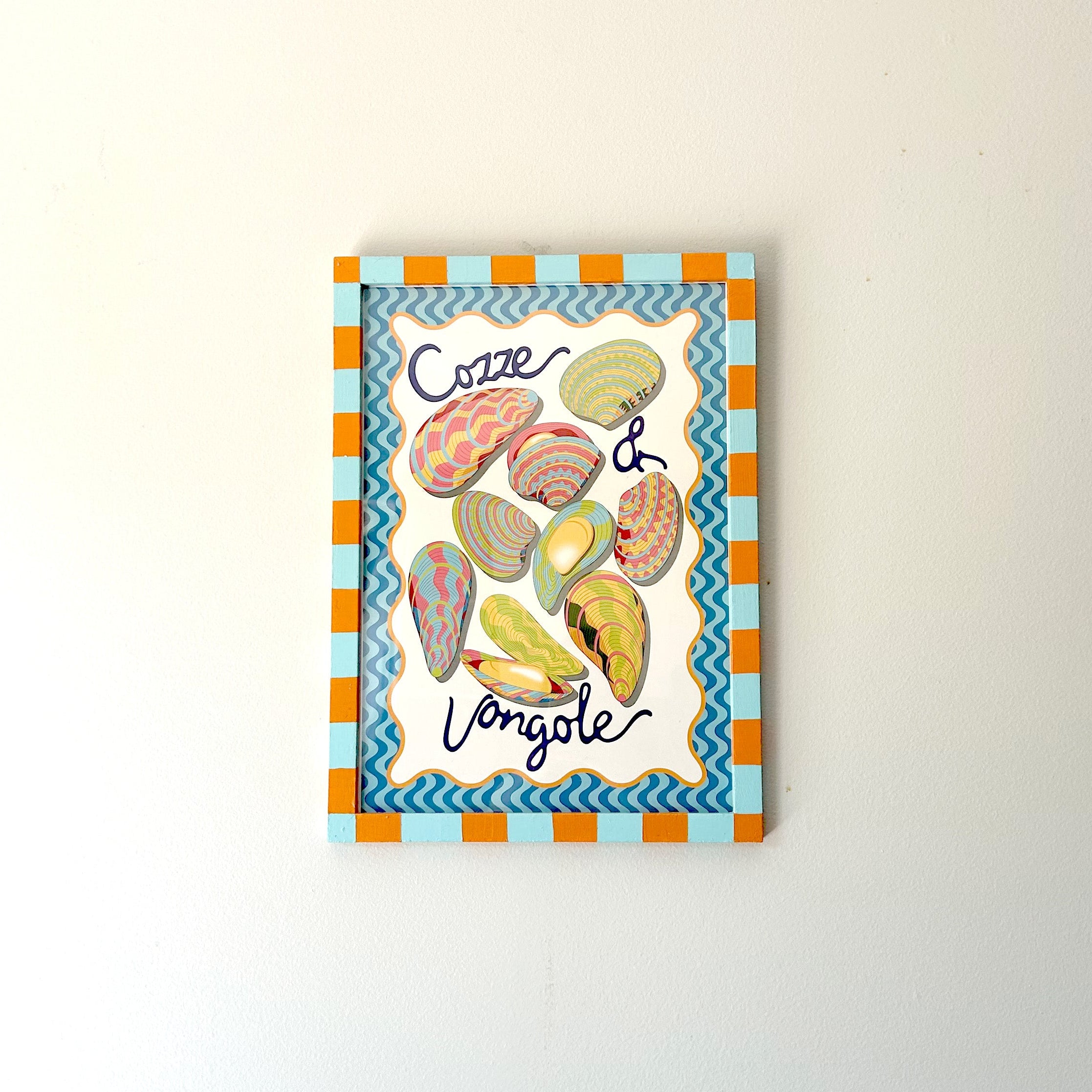 Decorative wall art with colorful shell illustrations and text on a white background