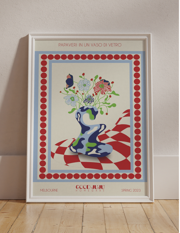 A framed poster featuring the Poppies in a Glass Vase Wall Art in Milan on Good Juju Homewares.