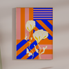 The Blooming Flower Capri Wall Art by Good Juju Homeware showcases abstract art with a striped orange and blue background, adorned with two stylized yellow flowers, capturing the essence of funky florals. Perfect for adding vibrant vibes to any space.