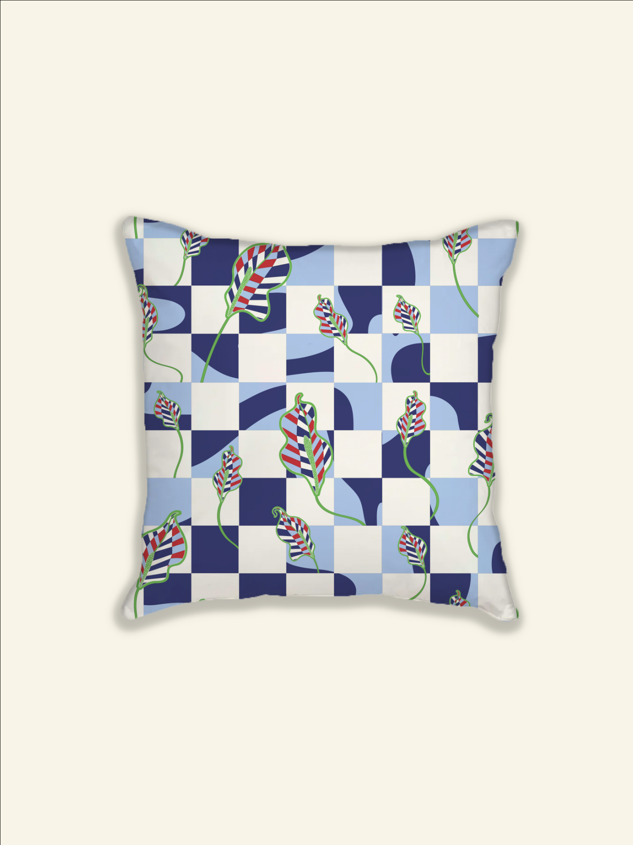 A Melbourne-based designer's Good Juju Homeware Checkered Calla Lily pillow case on a white background.