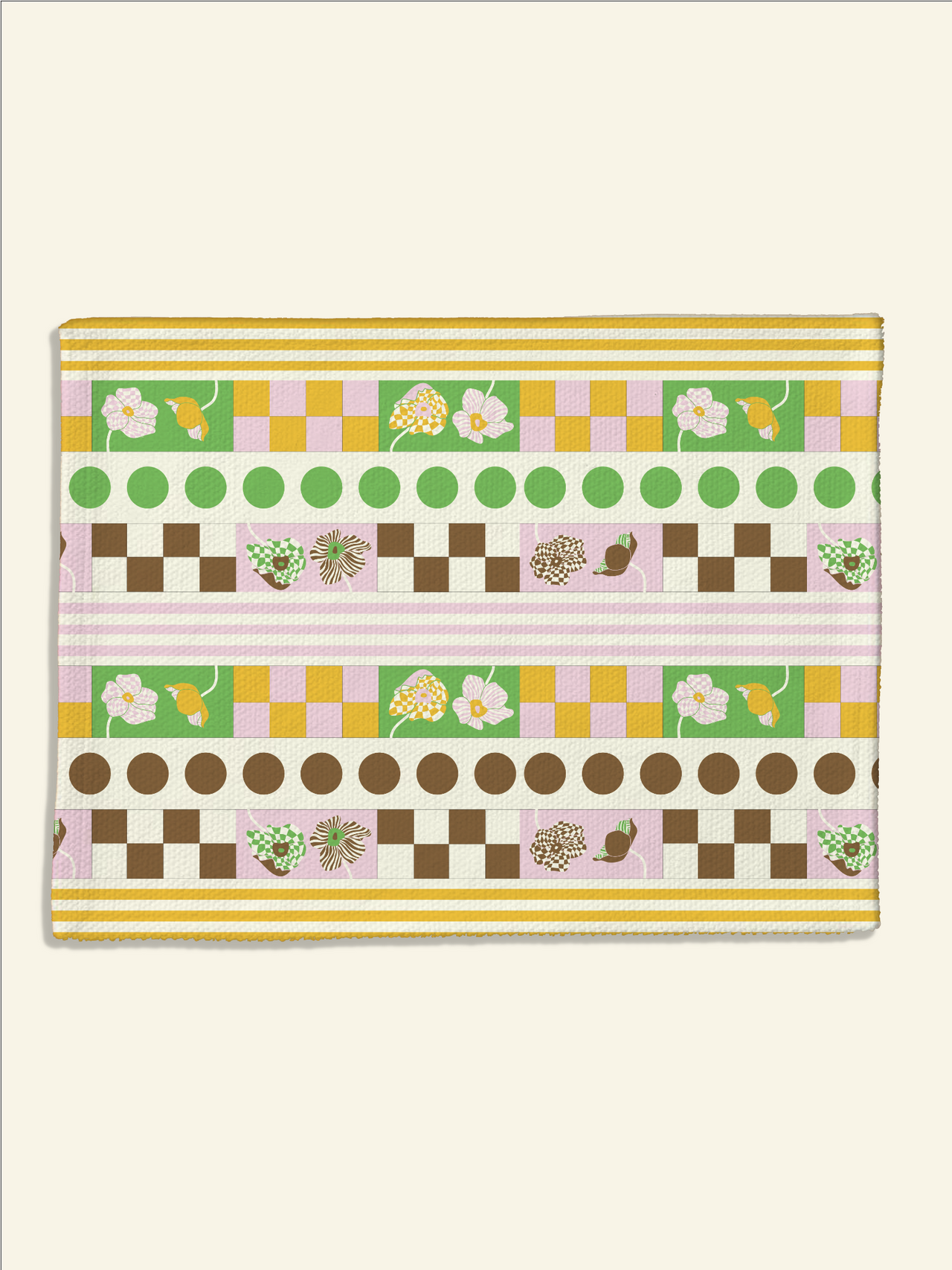 An organic cotton, green, brown, and yellow checkered Poppy Stripe Placemat by Florence perfect for Good Juju Homeware's tableware collection.