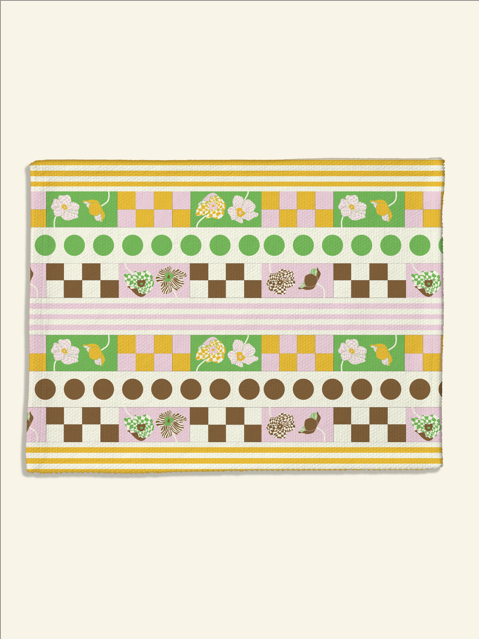 An organic cotton, green, brown, and yellow checkered Poppy Stripe Placemat by Florence perfect for Good Juju Homeware's tableware collection.