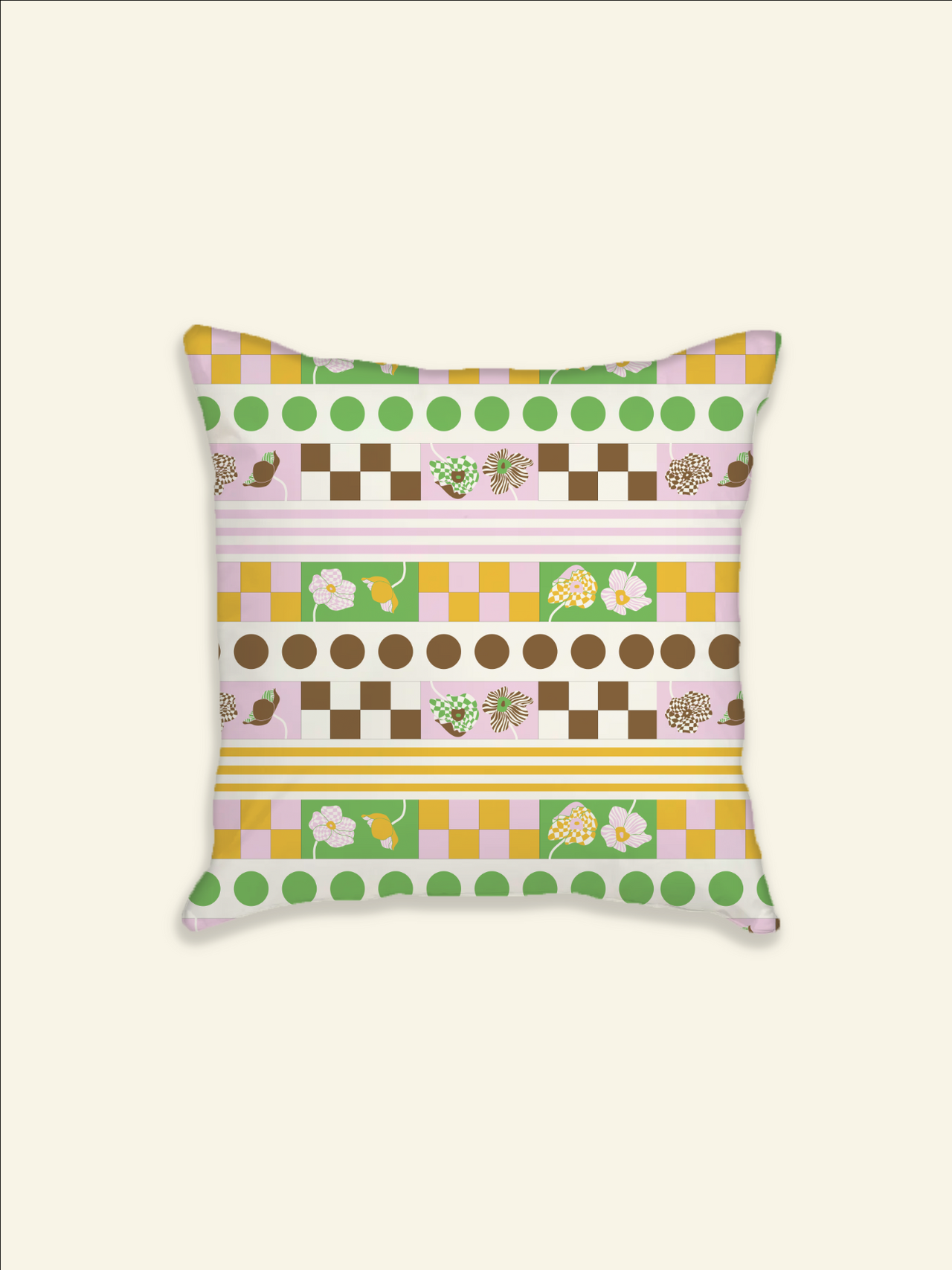 A Poppy Stripe Pillow Case with a green, yellow, and brown pattern designed by Good Juju Homeware.