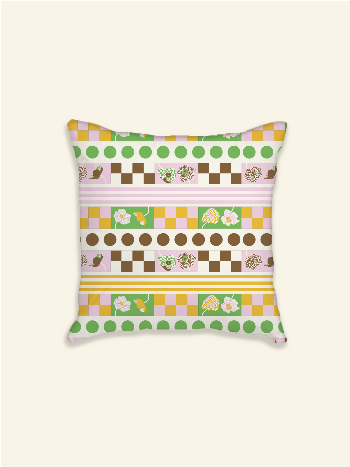 A Poppy Stripe Pillow Case with a green, yellow, and brown pattern designed by Good Juju Homeware.