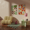 A modern room features a curvy beige chair, a green and white checkered rug, and a side table with a pink lamp. Two colorful abstract paintings, including the "Poppies All Around Rome Wall Art," adorn the light pink wall, enhancing this Good Juju Homeware setting.