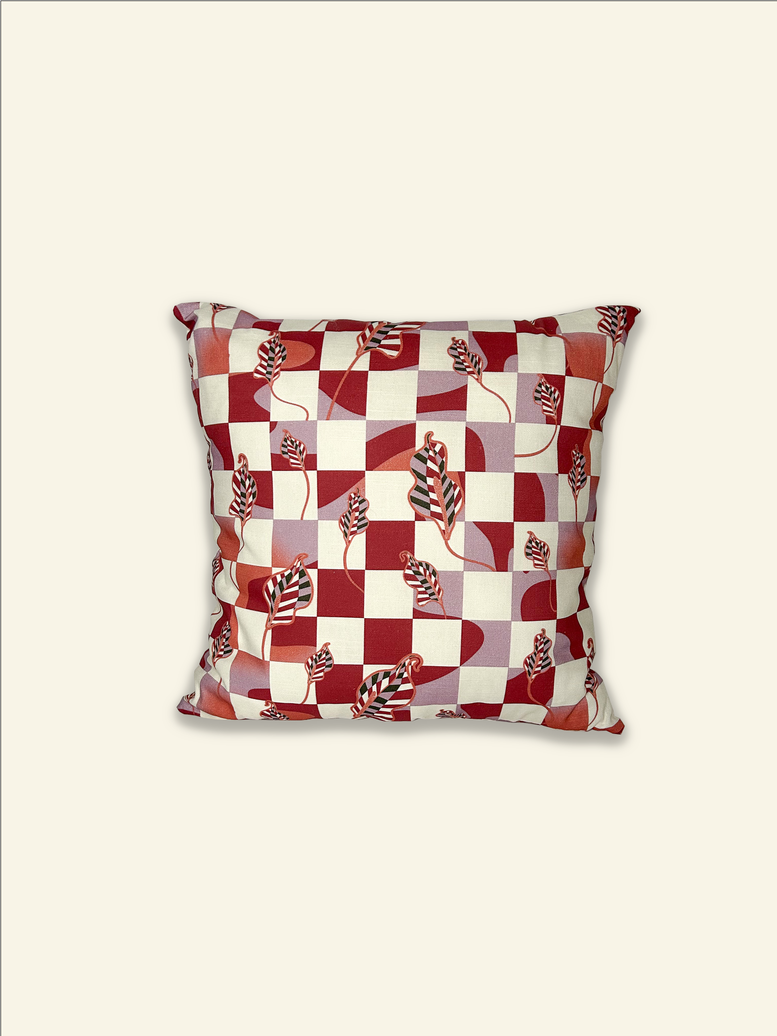 A Melbourne-based designer's Good Juju Homeware decorative pillow featuring The Checkered Calla Lily Pillow Case in Venice on a white background.