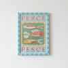 A framed artwork from Good Juju Homeware with three colorful fish and "PESCE" text, set in an A3 Dark Turquoise and Light Green Painted Frame.
