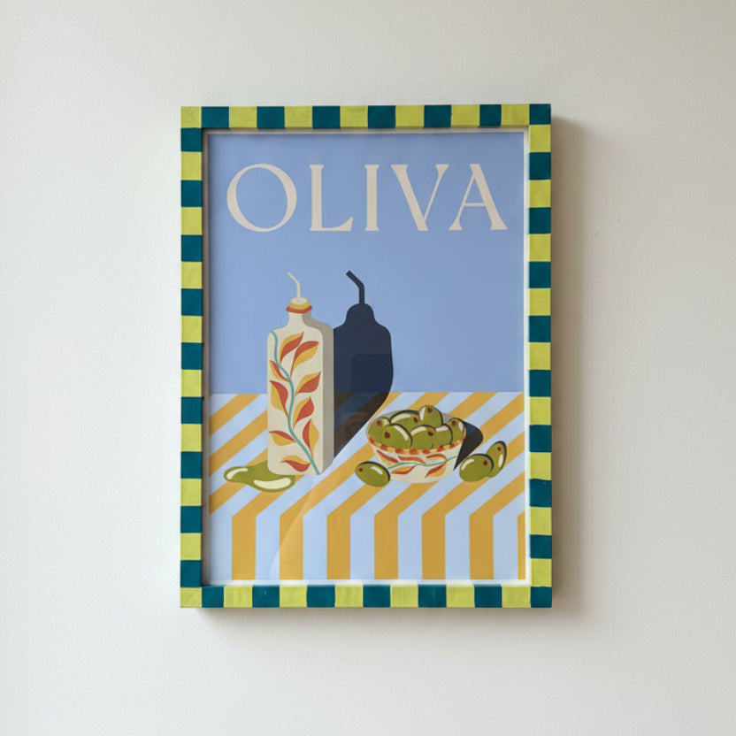 Add unique style to your kitchen or dining area with Good Juju Homeware's framed "OLIVA" artwork—an olive oil bottle and olives—set in an A3 Red and Light Blue Painted Frame. Perfect wall decor for food lovers!.