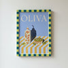 Add unique style to your kitchen or dining area with Good Juju Homeware's framed "OLIVA" artwork—an olive oil bottle and olives—set in an A3 Red and Light Blue Painted Frame. Perfect wall decor for food lovers!.