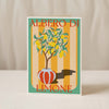 The Lemon Greeting Card by Good Juju Homeware features a lemon tree in a red pot with "ALBERO DI LIMONE" on a yellow and green striped background, printed on premium card stock.