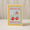 The Pasta E Vino Greeting Card by Good Juju Homeware features two oranges with leaves and yellow flowers, a yellow checkered border, and "ARANCIA" in red text. Printed on premium card stock.