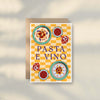 The Peppers Greeting Card by Good Juju Homeware has a yellow checkered background with plates of pasta, red wine glasses, and bold "PASTA E VINO" text—ideal as a Mediterranean-themed card on premium cardstock.