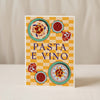 The Peppers Greeting Card by Good Juju Homeware features illustrated peppers and "PASTA E VINO" on a yellow checkered background, printed on premium card stock.