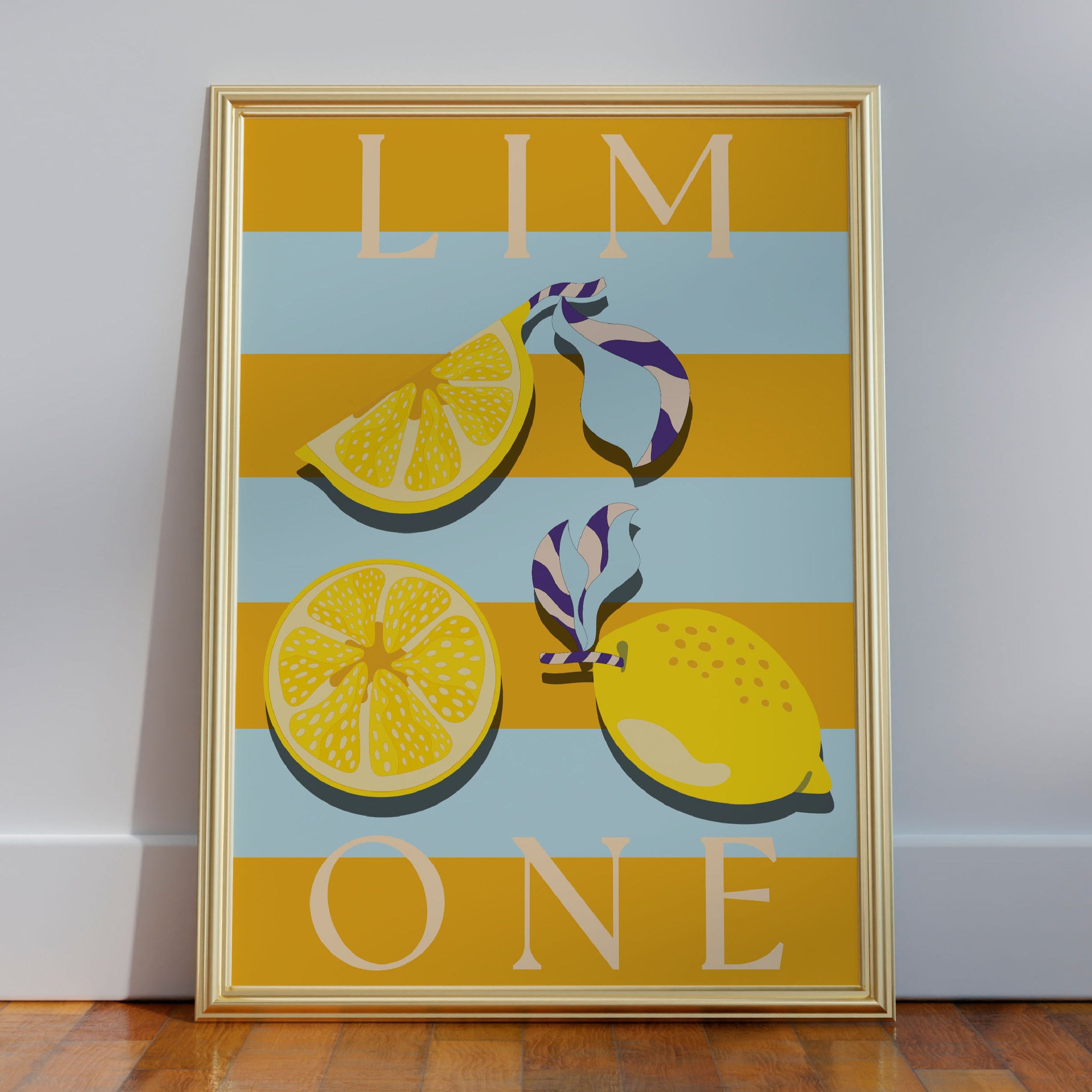 The Sunday Limone Wall Art by Good Juju Homeware captures Mediterranean flair with a framed poster of lemons on a striped yellow and blue background, featuring the word "LIMONE." It’s the perfect wall art print to brighten up any space with a touch of sunshine.