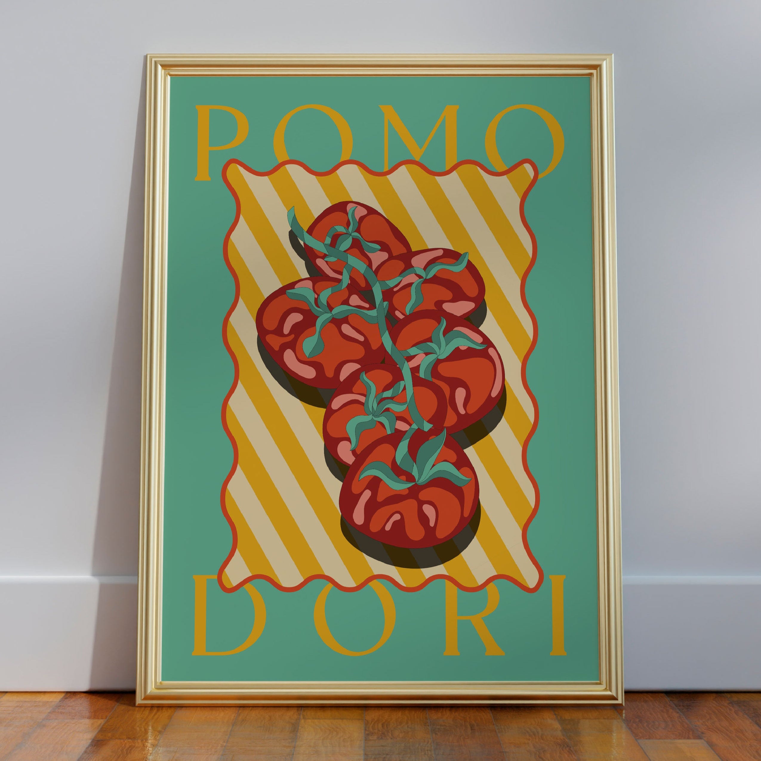 The Sunday Pomodori Wall Art by Good Juju Homeware showcases an illustration of tomatoes on a striped background, leaning elegantly against the wall. It exudes Mediterranean charm and rustic beauty, enhancing any space.