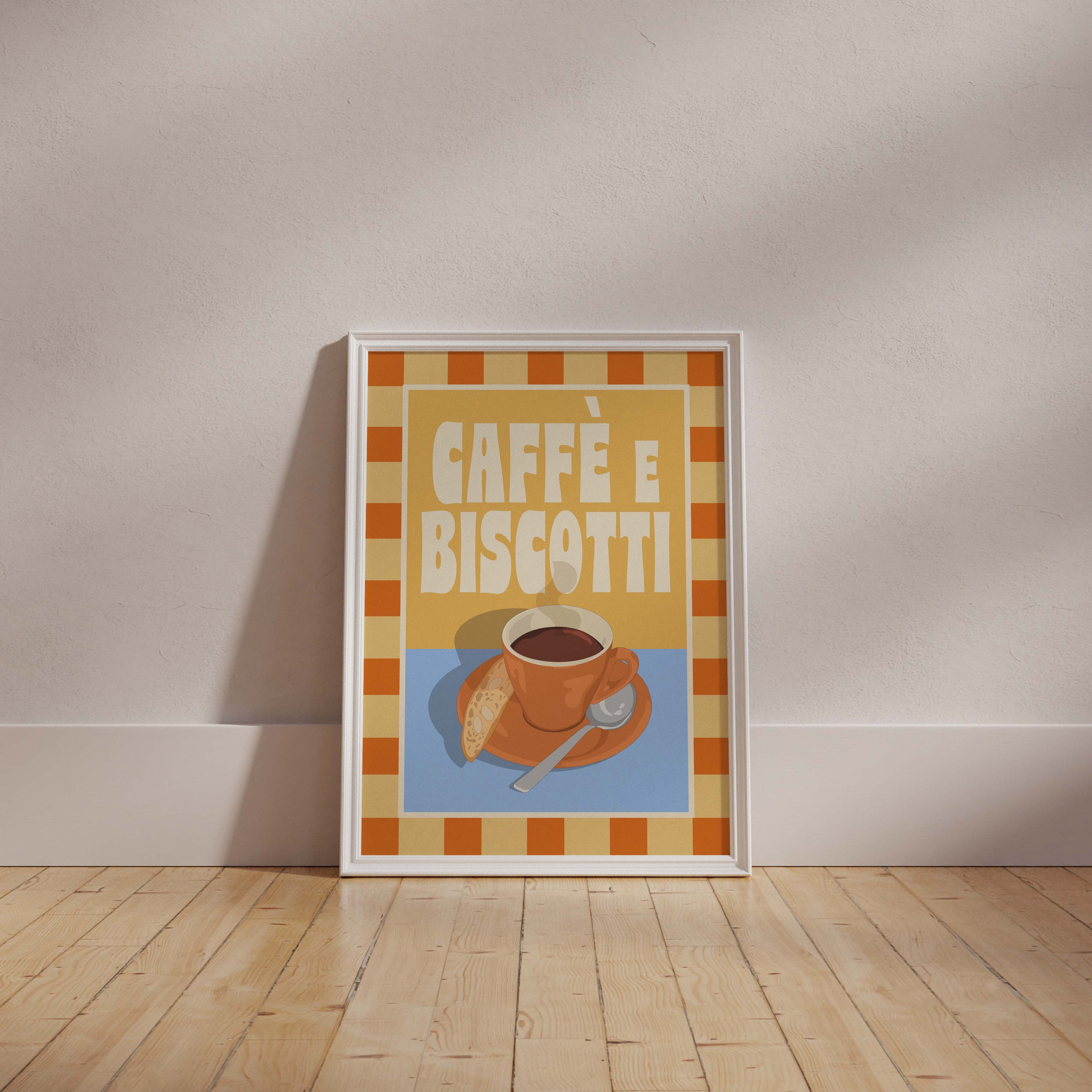 Poster with 'Caffà e Biscotti' text and coffee cup design on a wall.