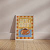 Poster with 'Caffà e Biscotti' text and coffee cup design on a wall.
