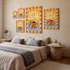 Bedroom with a bed, side tables, and wall art featuring coffee-themed designs.
