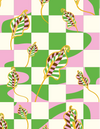 A pink and green Checkered Calla Lilly Placemat made from organic cotton, adorned with leaves by Good Juju Homeware.