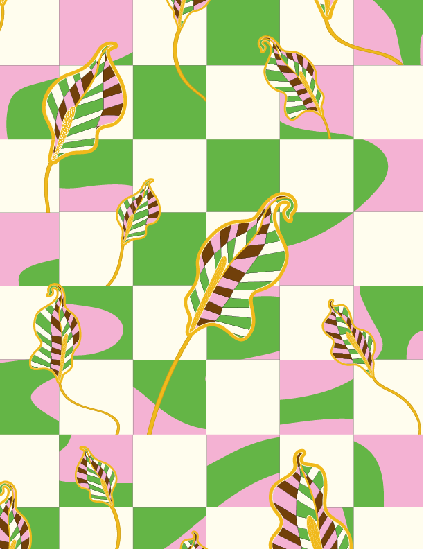 A pink and green Checkered Calla Lilly Placemat | Florence with leaves on it by Good Juju Homeware.