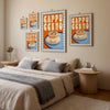 Bedroom with a bed, side tables, and wall art featuring 'Cappuccino' theme.
