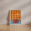 Framed poster with 'Espresso' text and coffee cup design on a beige wall.