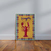Colorful poster with a red lobster design on a yellow background, featuring the brand 'Papagota', leaning against a white wall.