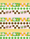 The Poppy Stripe Placemat | Florence by Good Juju Homeware features stripes of flowers, checkered squares, and circles in vibrant green, pink, yellow, and brown. Made from organic cotton, it seamlessly blends sustainability with style.